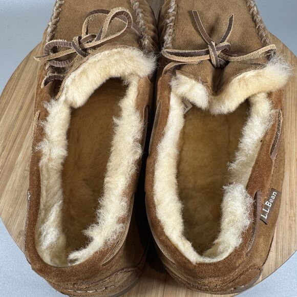 S LL Bean Wicked Good Men Sz 12 M Brown Moccasins Sheepskin Suede Shearling - Picture 5 of 7